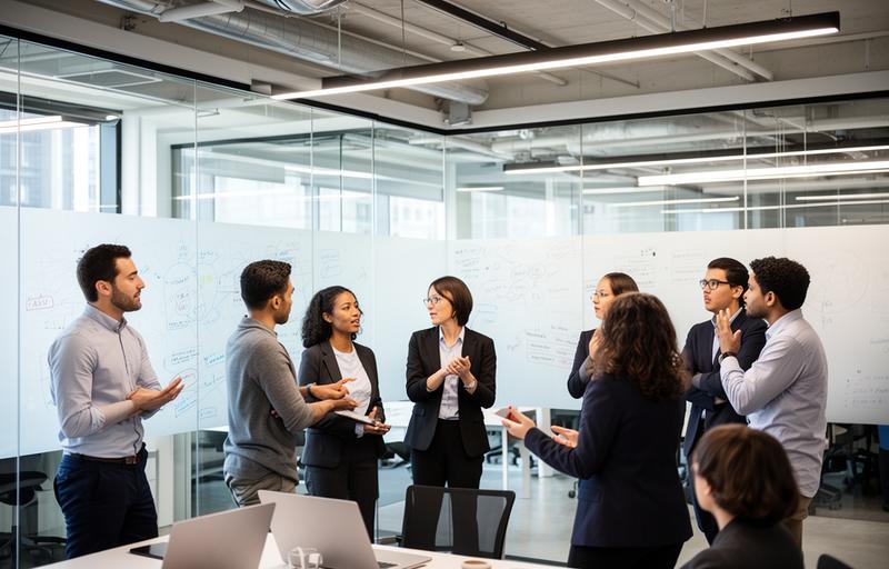 Business team brainstorming in modern coworking workspace
