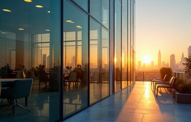 Modern Dubai office building at golden hour