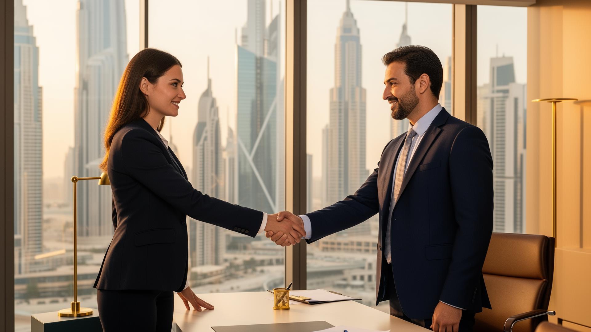 Business professionals agreeing on terms in Dubai office
